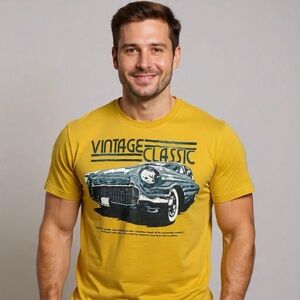 Bioworld Vintage Classic Car Graphic Tee Yellow Retro Nostalgia Shirt Sz S